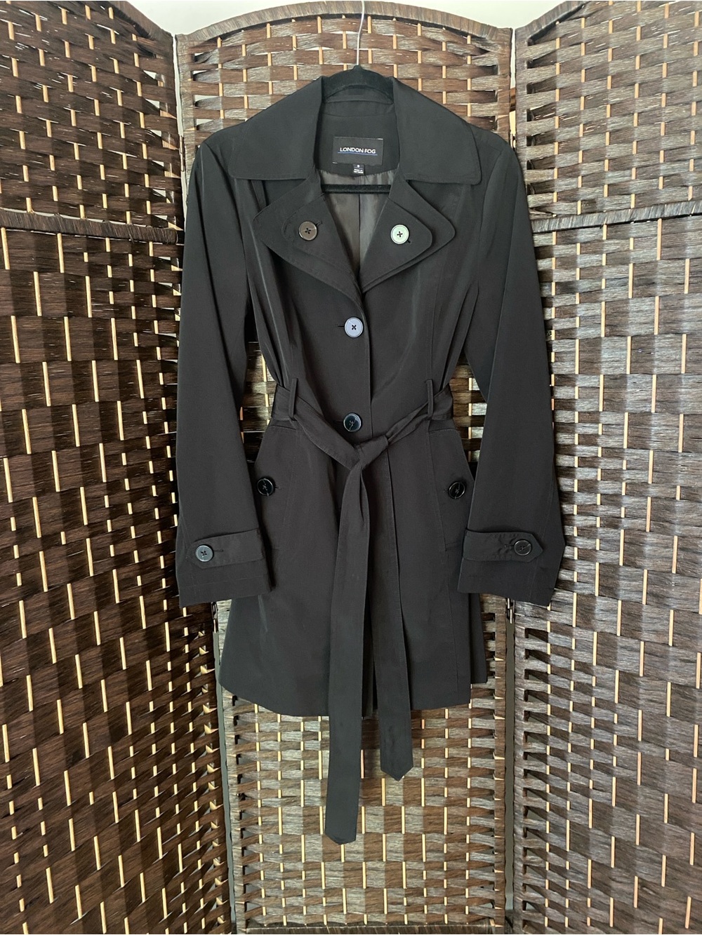London Fog Black Belted Trench Coat Size Small